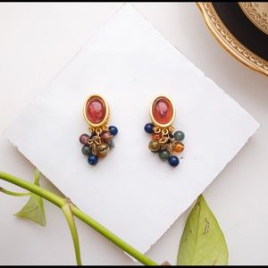 Gold Vintage red blue crystal Clip on Earrings